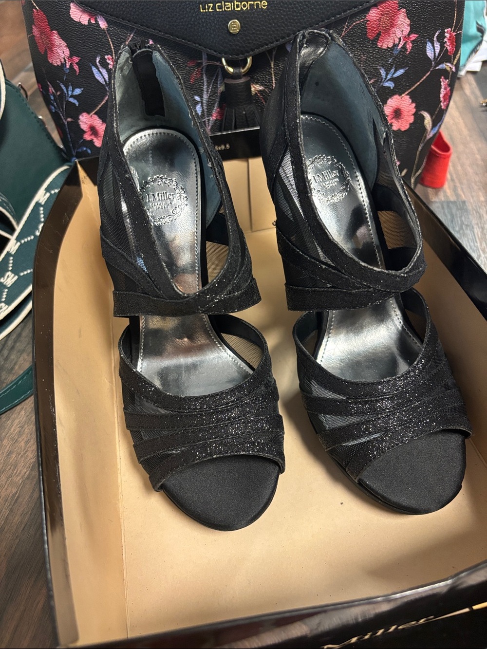 Liz Claiborne Black Glitter Strappy Open-Toe Heels